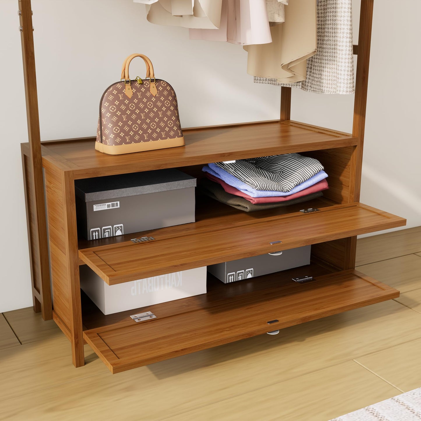 BambooCrafts Upgraded Hanging Rack Clothing Rack with Drawers,Solid Thickened Clothes Racks with Shelves,27.6inch Width Closet with Drawers,Clothes Racks for Hanging Clothes,Short Closet Dresser