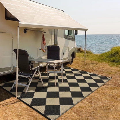 GarveeLife 10x14 Outdoor Rug for Patio Reversible, Plastic Straw Rug Waterproof Camping Rug Portable, Foldable Lightweight Mat for RV, Patio, Backyard, Deck, Picnic, Beach (Black/Offee)