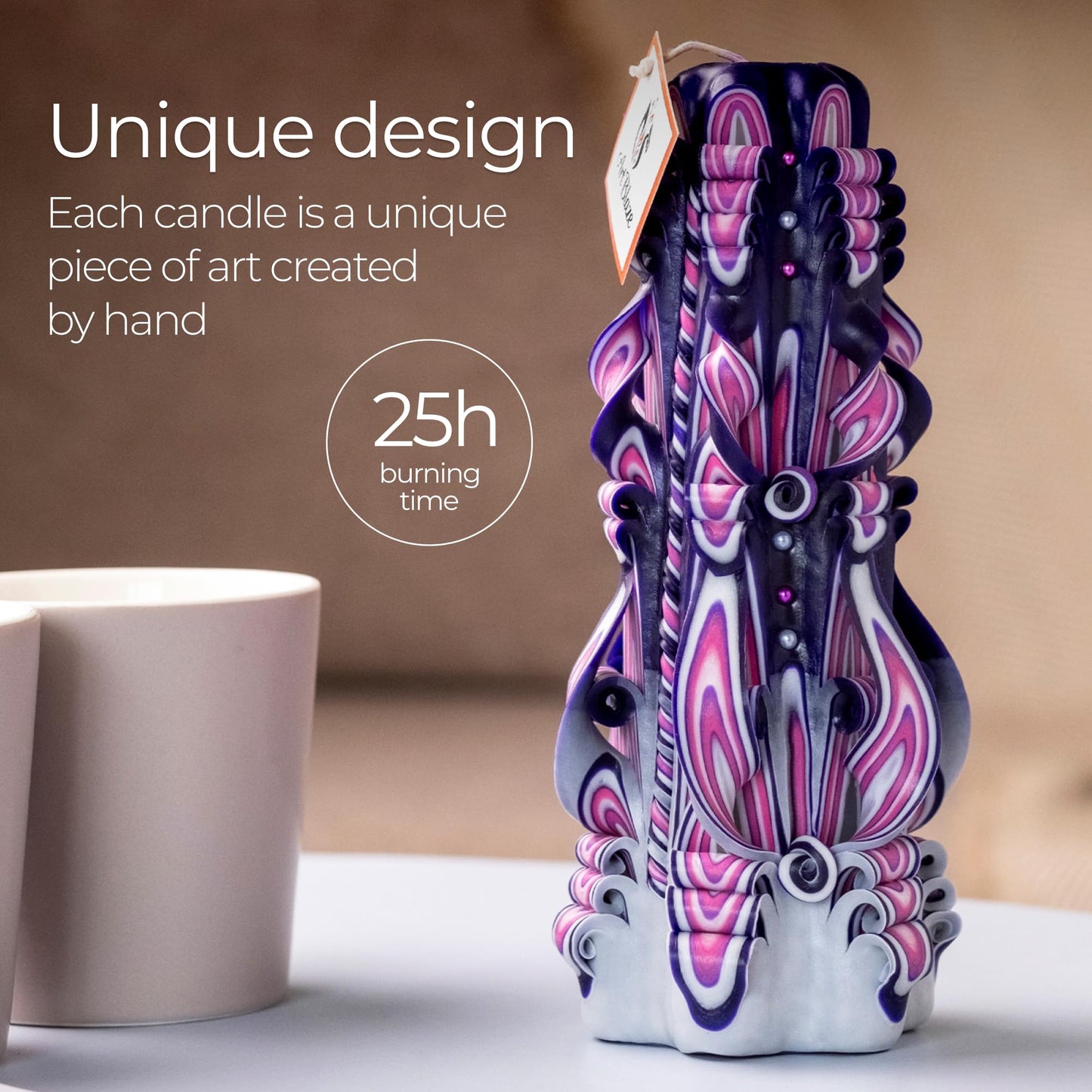 Carved Candles - Handmade Long Burning Decorative Luxury Candles - Unscented - for Home Decor, Birthdays, Anniversaries, Romantic Occasions, Gifts for Women, Christmas Gift for Mom - Big Purple