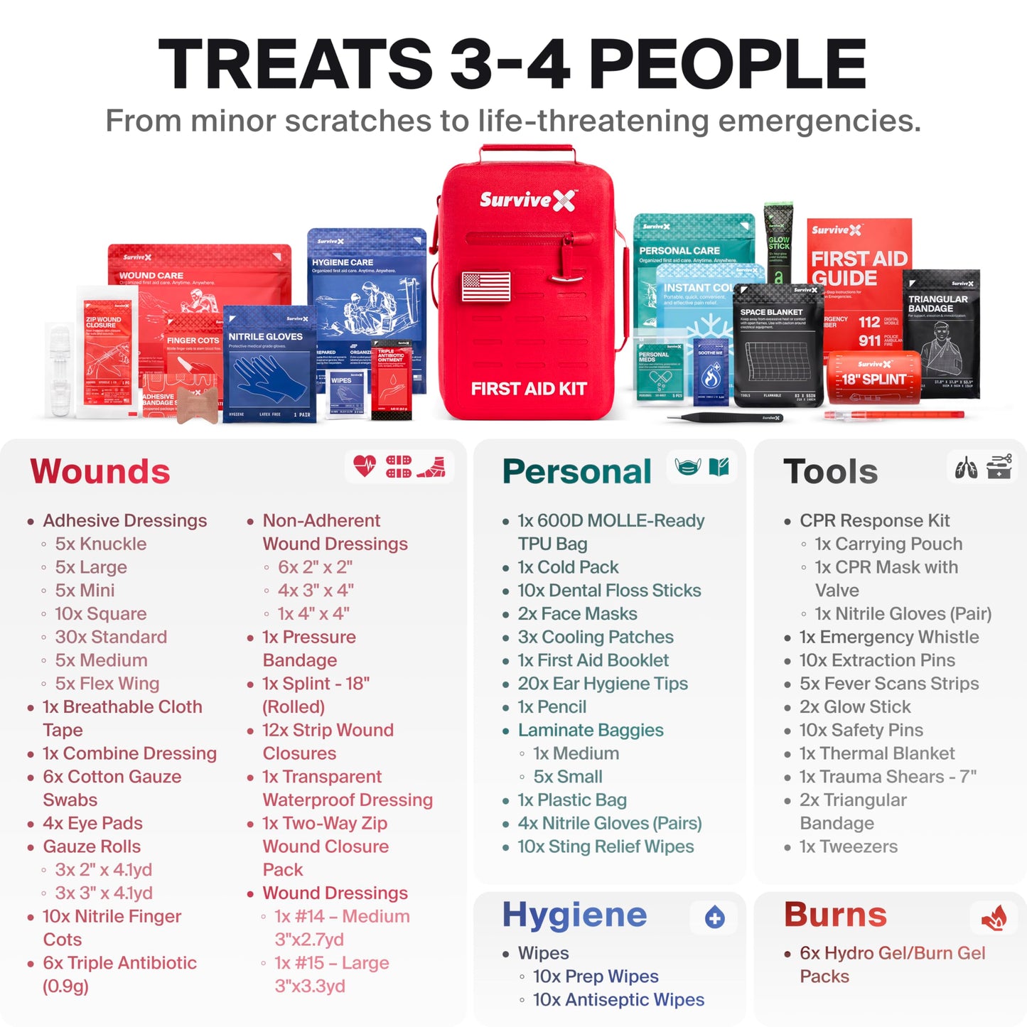 SurviveX Large Waterproof First Aid Kit for Car, Travel & Home - Emergency Kit for Hiking, Camping, Backpacking and Outdoors - Includes Zip Stitch Wound Closure Strips