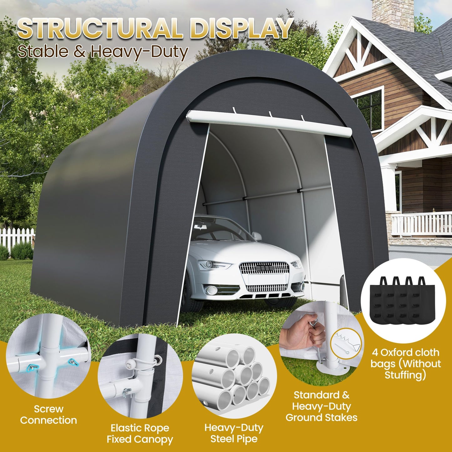 FansaFurn Heavy Duty Carport with 4 Cloth Bags, All-Weather Car Canopy with 2 Roll-up Doors, Portable Garage Storage Shelter Shed for Truck, Cars, or Garden Tools, 10' x 15'