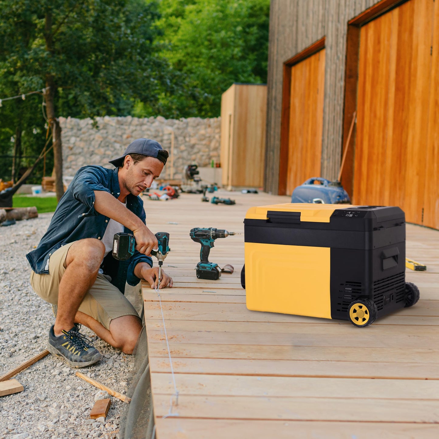 Newair 25 Qt. Portable Electric Cooler, 12v Car Mini Fridge, Hard Lunch Box for Jobsite, Workshop, Camping | Battery Powered Outdoor Cooler by 18/20V Dewalt, Bosch, Makita, Milwaukee Tool Batteries