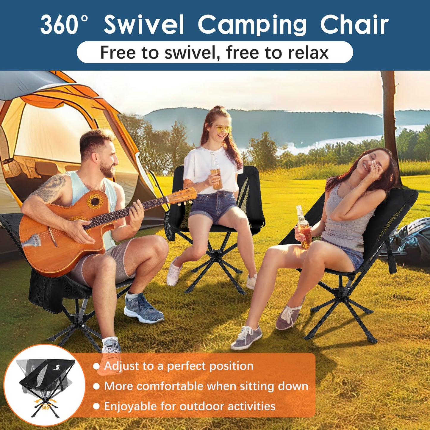 Raynesys Portable Camping Chair 2 Pack, 8 Seconds Quick Setup Folding Camping Chair, Flexible 360° Rotation, 3.8Lb Lightweight Travel Chairs for Easy Carry to Hiking, Sporting, Travel, Beach
