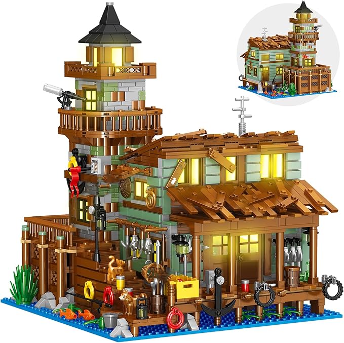 Fishing Village Store House Building Set with LED Light 1881 PCS Wood Cabin Mini Building Block STEM Architecture Toys Kit Birthday Gift for Adults Ages 8-12+ Years（Not Compatible with Set ）