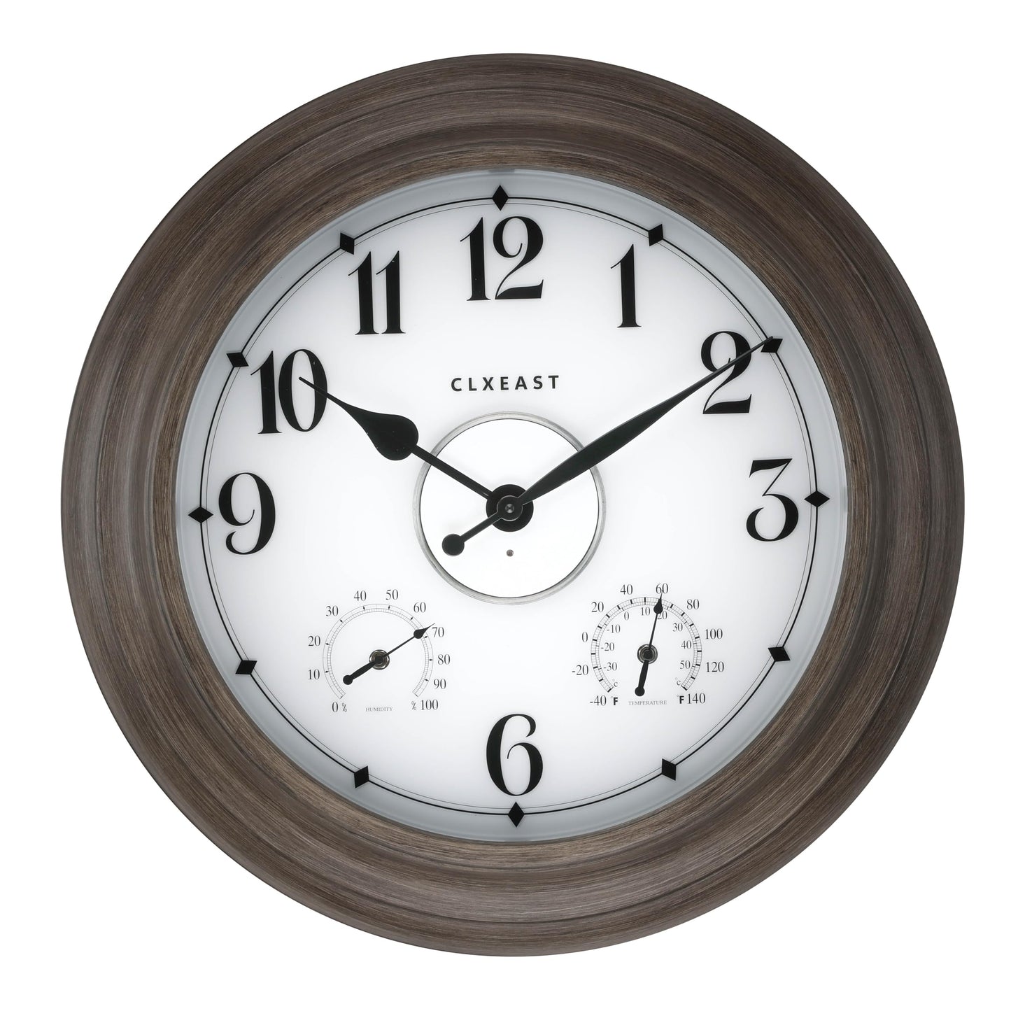 CLXEAST 24 Inch LED Illuminated Outdoor Clocks Waterproof with Thermometer & Hygrometer, Large Lighted Metal Wall Clock with Smart Night Light Sensor,Grey Oak Finish,House Warming Gifts New Home