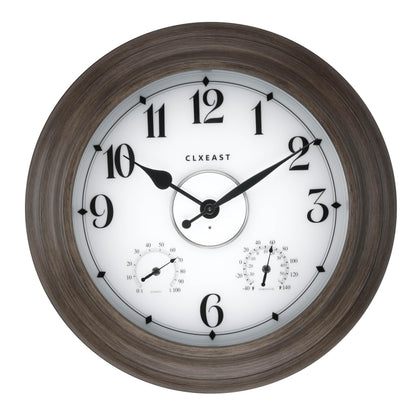 CLXEAST 24 Inch LED Illuminated Outdoor Clocks Waterproof with Thermometer & Hygrometer, Large Lighted Metal Wall Clock with Smart Night Light Sensor,Grey Oak Finish,House Warming Gifts New Home