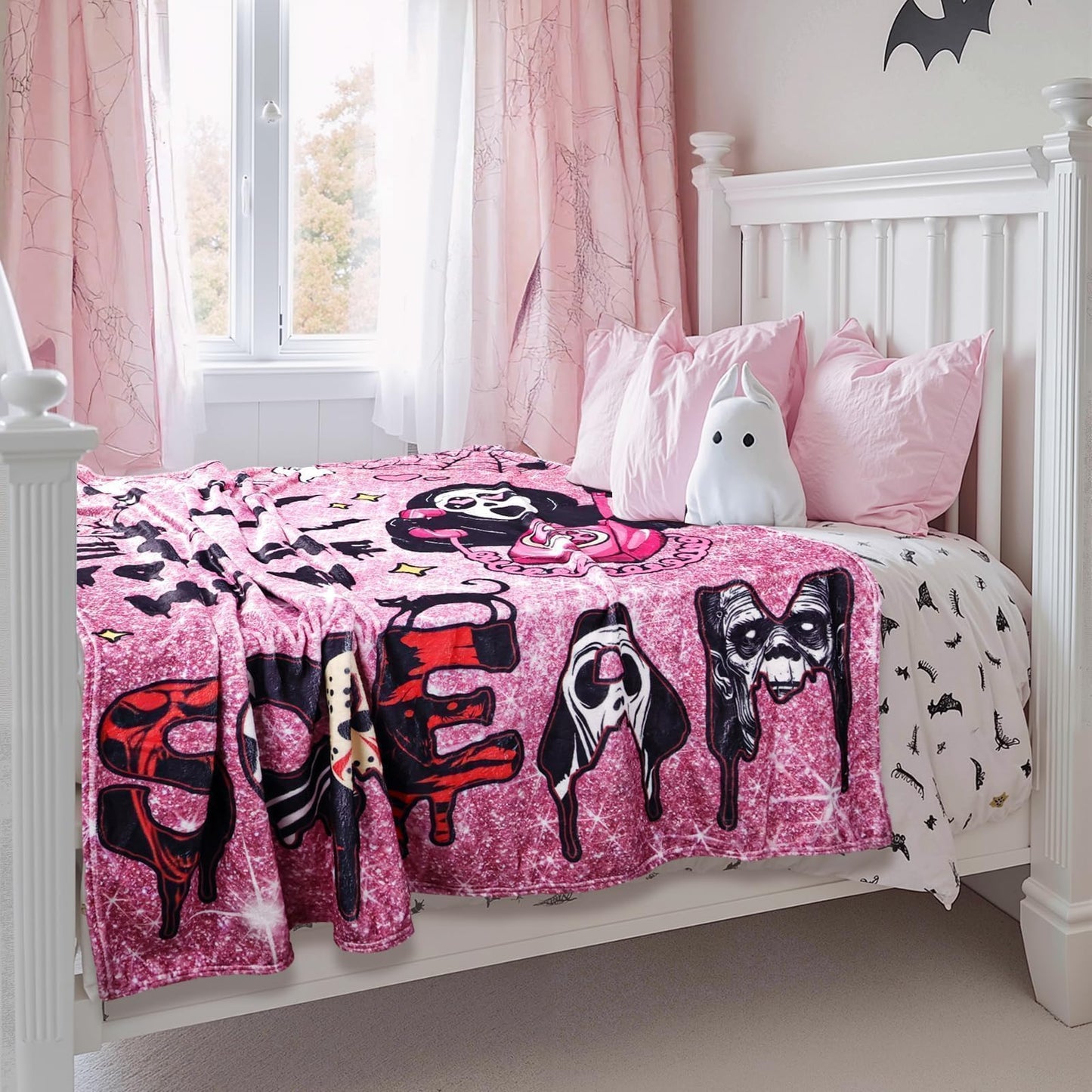 Halloween Throw Blanket Pink: Ultra Soft Ghost Flannel Blanket with Horror Movie 60"x 60", Lightweight Plush Comfy Blanket Halloween Decor for Bed, Couch, Sofa, Living Room, Office, Indoor