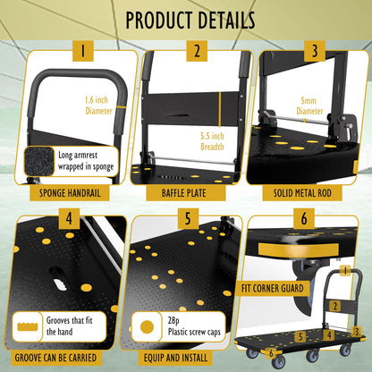 Heavy-Duty Foldable Platform Cart with 6 Wheels & 2000LB Capacity - 360° Swivel & Fixed Casters, Collapsible Push Cart Dolly Black Plastic Trolley, 5" Wheels, Spare Tire & Anti-Collision Corners