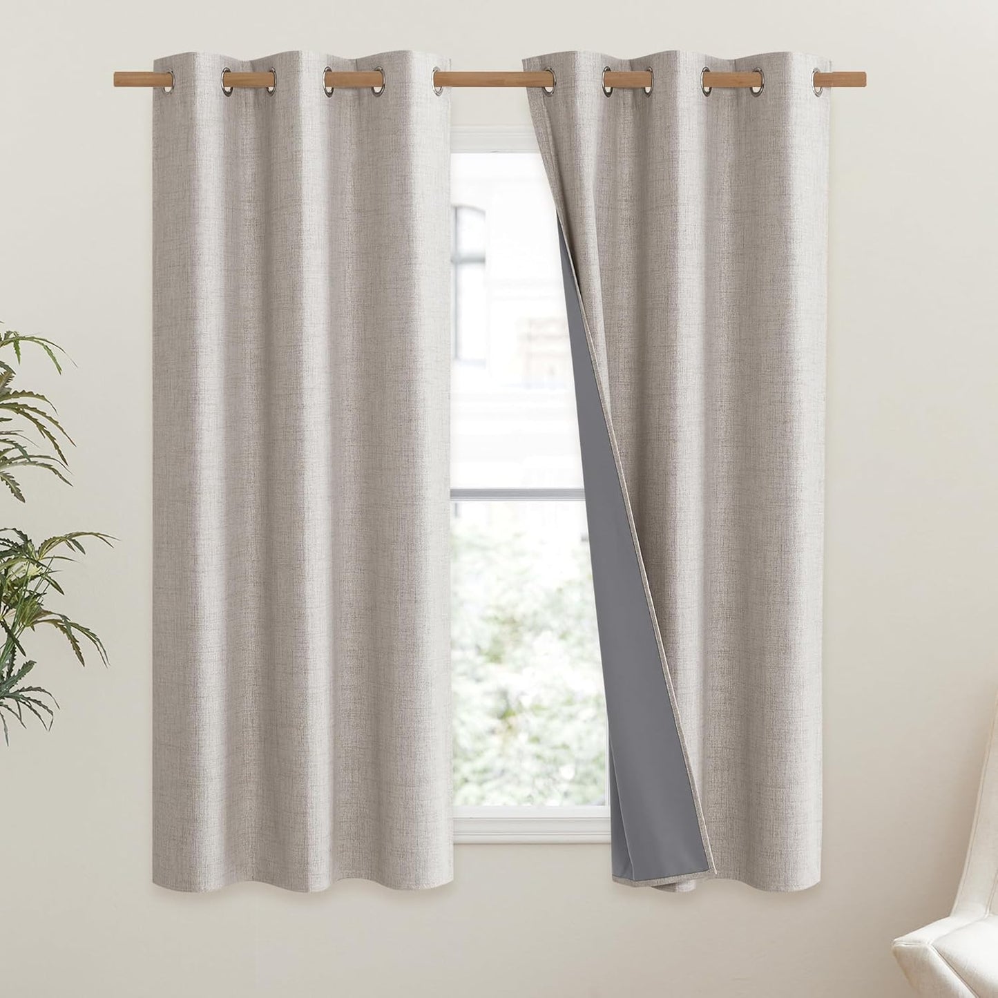 NICETOWN Vintage Open Linen Weave Flax Thermal Curtains - 100% Blackout, 63" Long, Set of 2 | Soundproof Drapes for Dining Room & Gym Room, 42" Wide Each