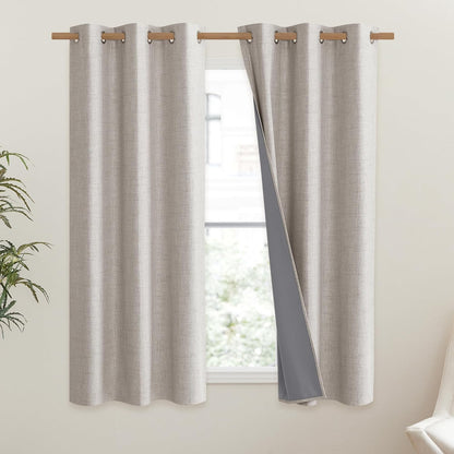 NICETOWN Vintage Open Linen Weave Flax Thermal Curtains - 100% Blackout, 63" Long, Set of 2 | Soundproof Drapes for Dining Room & Gym Room, 42" Wide Each
