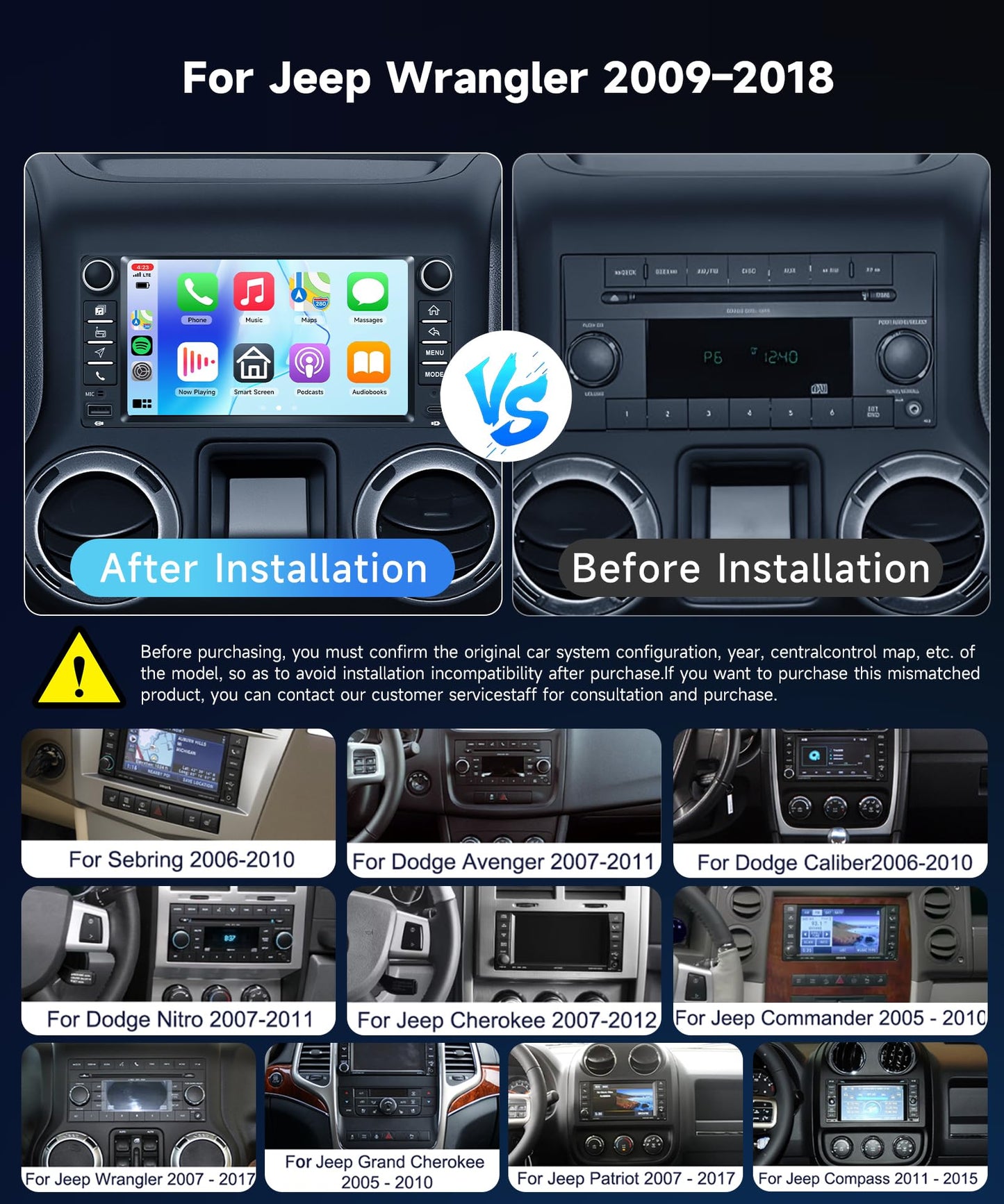 4+64G Car Stereo for Jeep Wrangler Compass Grand Cherokee Dodge Ram 1500 Chrysler Sebring 300C Wireless Carplay Android Auto,7" Touch Screen Radio, Android/GPS/WiFi/EQ DSP/UI/BT5.0/SWC/Backup Camera