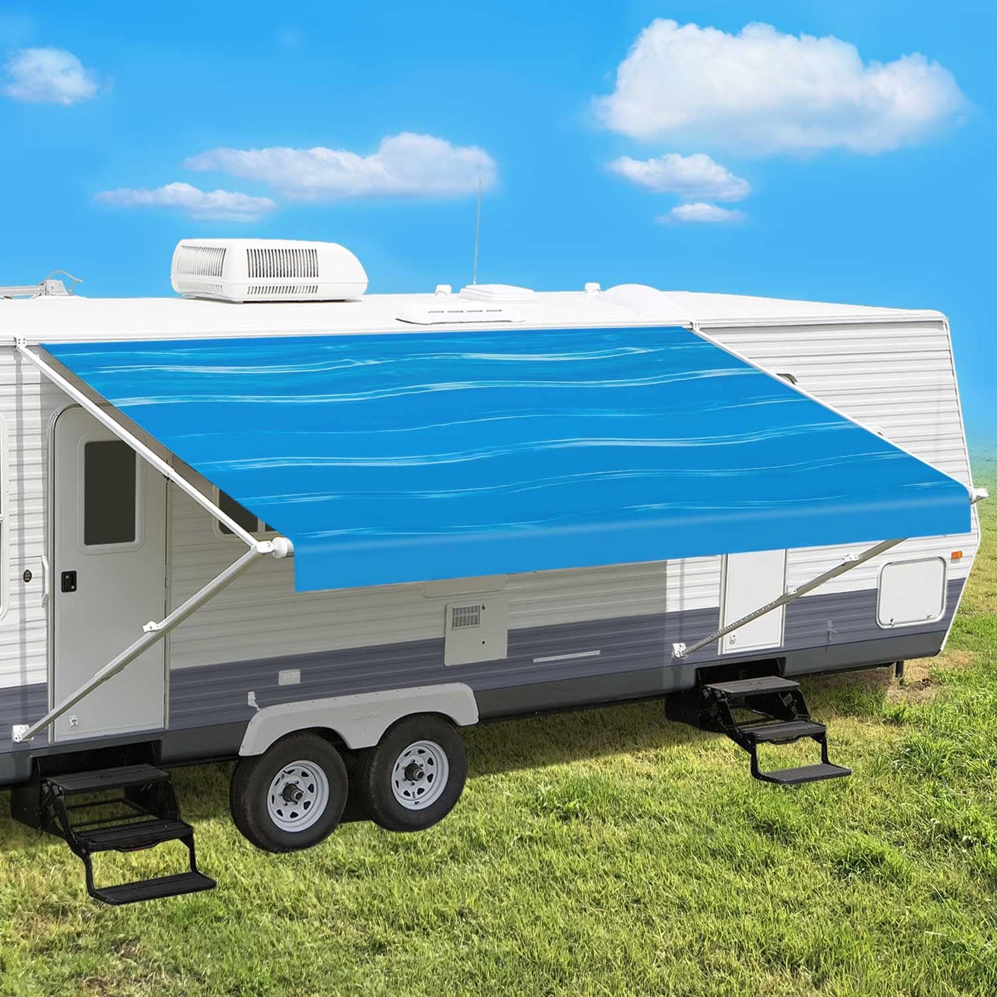 Leaveshade RV Awning Fabric Replacement Camper Trailer Awning Fabric Super Heavy Vinyl Coated Polyester 15'3''(Fit for 16' Awning)- Blue Wave