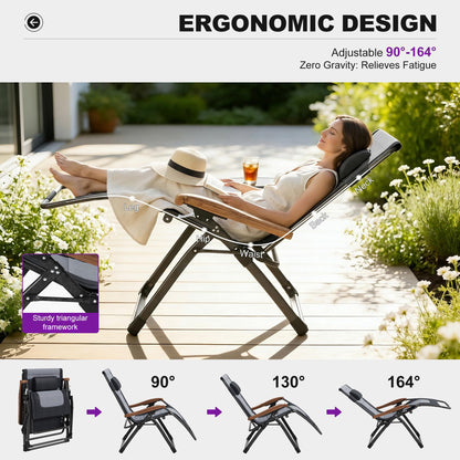 PURPLE LEAF Extra Wide Outdoor Reclining Chair Patio Zero Gravity Chaise Lounge Folding Chair with Quilted Cushion Adjustable Headrest for Lawn Camping Beach Pool Black and Grey