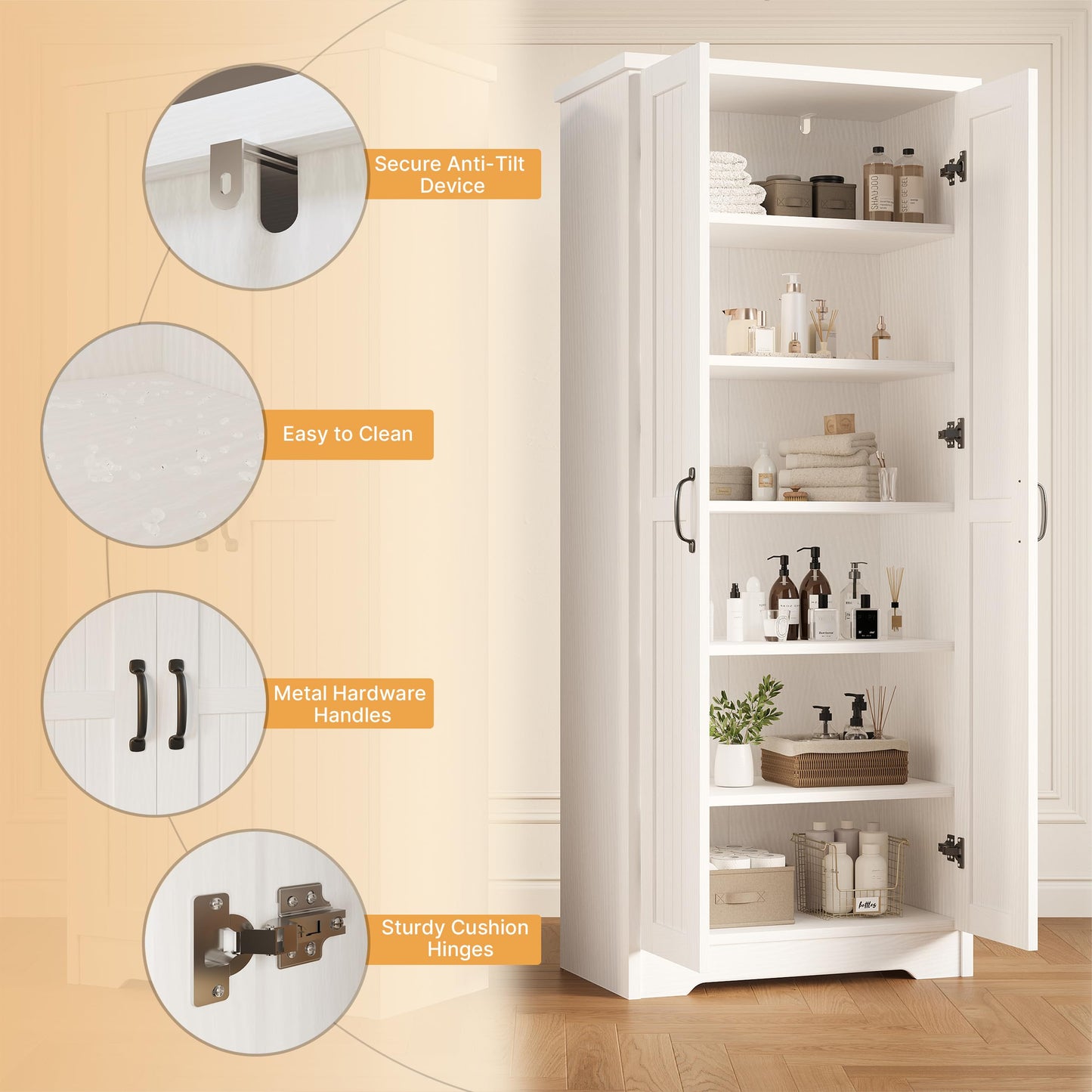 Decofy 70" Tall Storage Cabinet, Large Wood Storage Pantry Cabinet with 6 Adjustable Shelves & 2 Doors, Standing Utility Storage Cabinets for Kitchen, Bathroom, Dining Room (Soft White)