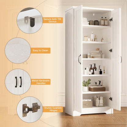 Decofy 70" Tall Storage Cabinet, Large Wood Storage Pantry Cabinet with 6 Adjustable Shelves & 2 Doors, Standing Utility Storage Cabinets for Kitchen, Bathroom, Dining Room (Soft White)