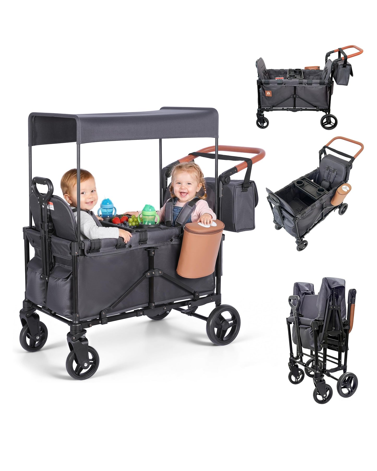 BudGlowey 2-in-1 Wagon Stroller for 2 Kids – Adjustable Push & Pull Handle All‑Terrain Wagon with Canopy, 5‑Point Harnesses, sanck Tray 2-in-1 Storage Bag, Lightweight, Compact – Grey