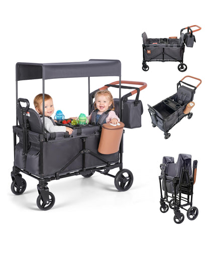 BudGlowey 2-in-1 Wagon Stroller for 2 Kids – Adjustable Push & Pull Handle All‑Terrain Wagon with Canopy, 5‑Point Harnesses, sanck Tray 2-in-1 Storage Bag, Lightweight, Compact – Grey