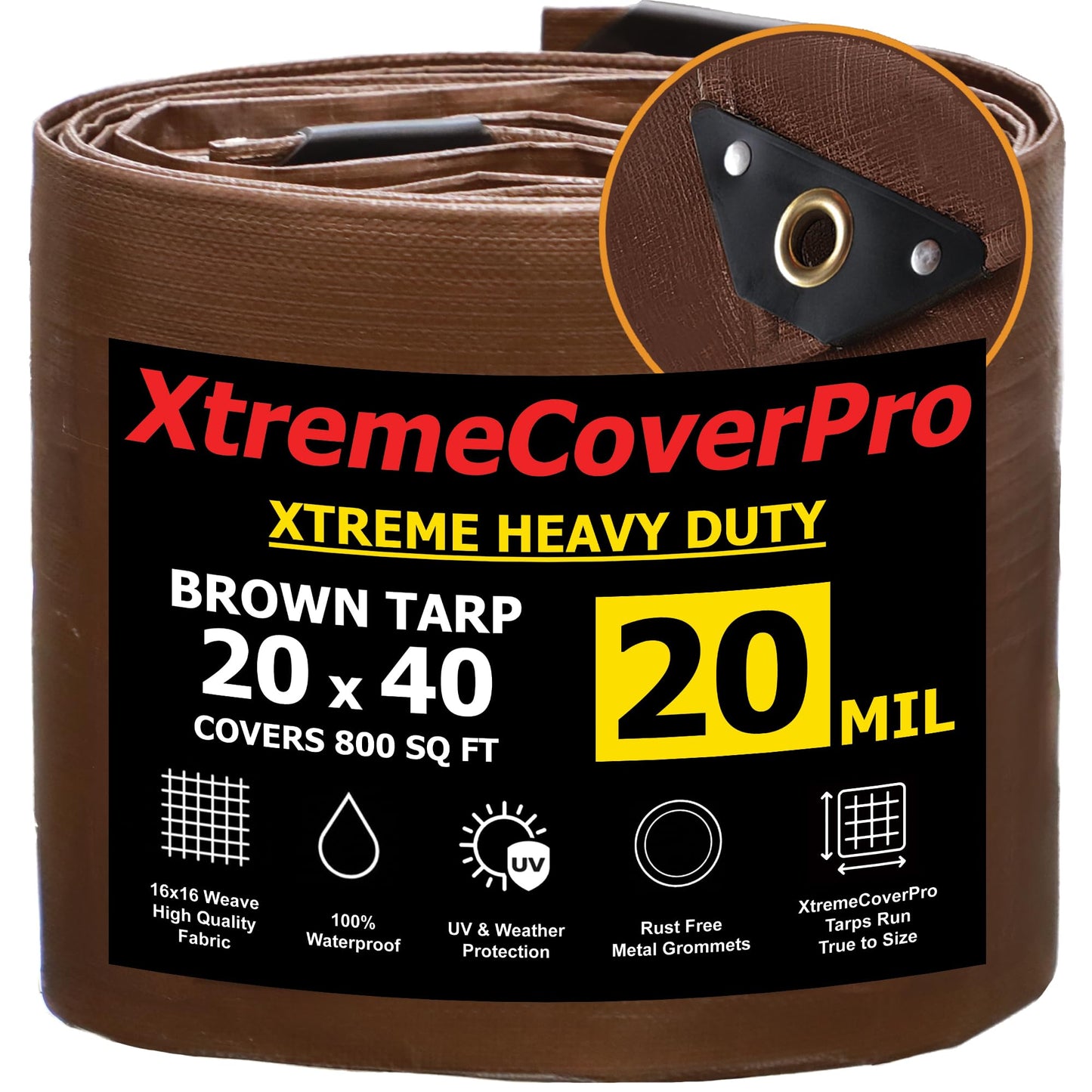 20' x 40' Brown Super Ultra Heavy-Duty Tarp – 20 Mil Waterproof & UV-Resistant 20x40 - Large Outdoor Tarp, Waterproof Cover for Rain Camping, Tent, UV Protection, Reinforced Corners