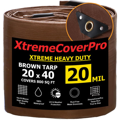 20' x 40' Brown Super Ultra Heavy-Duty Tarp – 20 Mil Waterproof & UV-Resistant 20x40 - Large Outdoor Tarp, Waterproof Cover for Rain Camping, Tent, UV Protection, Reinforced Corners