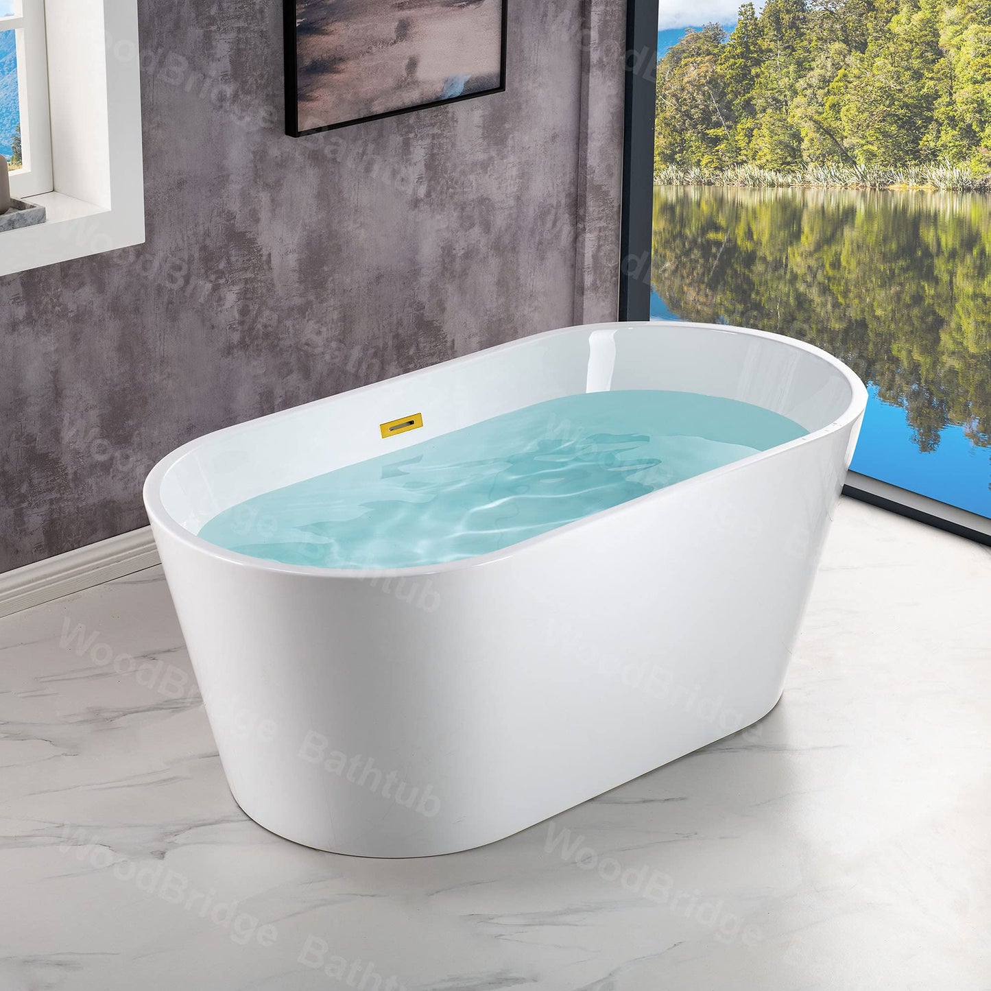 WOODBRIDGE 54"Freestanding White Acylic Soaking Bathtub with Brushed Gold Drain and Overflow,BTA1702-BG-Drain&O
