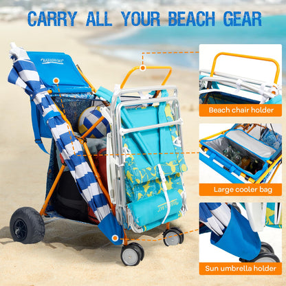 Old Bahama Bay Heavy Duty Beach Cart with 9” Balloon Wheels, All-Terrain Sand Wagon Replacement, Inflatable Big Wheels for Soft Sand, Foldable Beach Gear Carrier with Cooler & Umbrella Holder, 100lbs