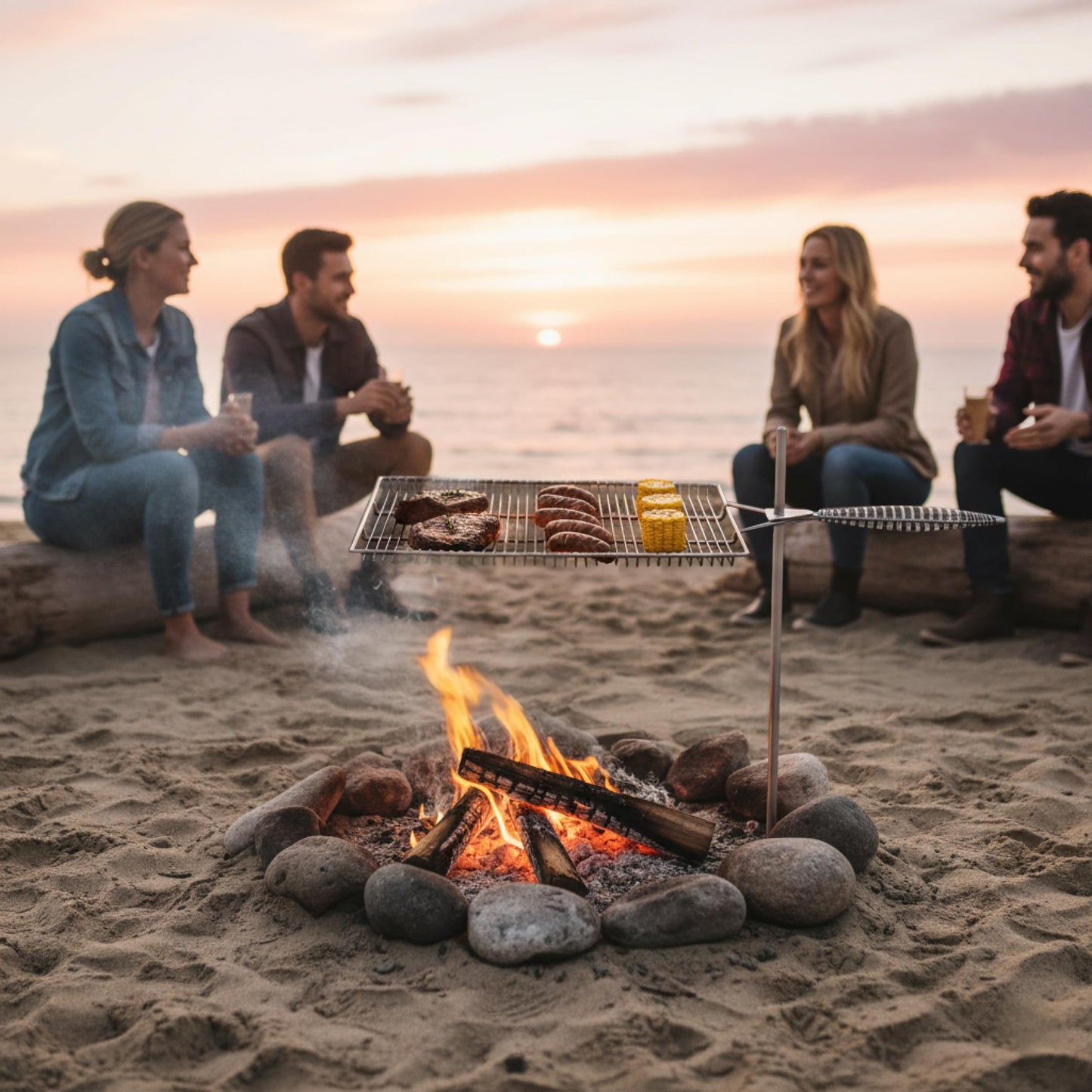 Easy Swivel Fire Pit Grill Grate – 304 Stainless Steel – 15" x 22" Cooking Surface with 36" Stake for Campfire Cooking