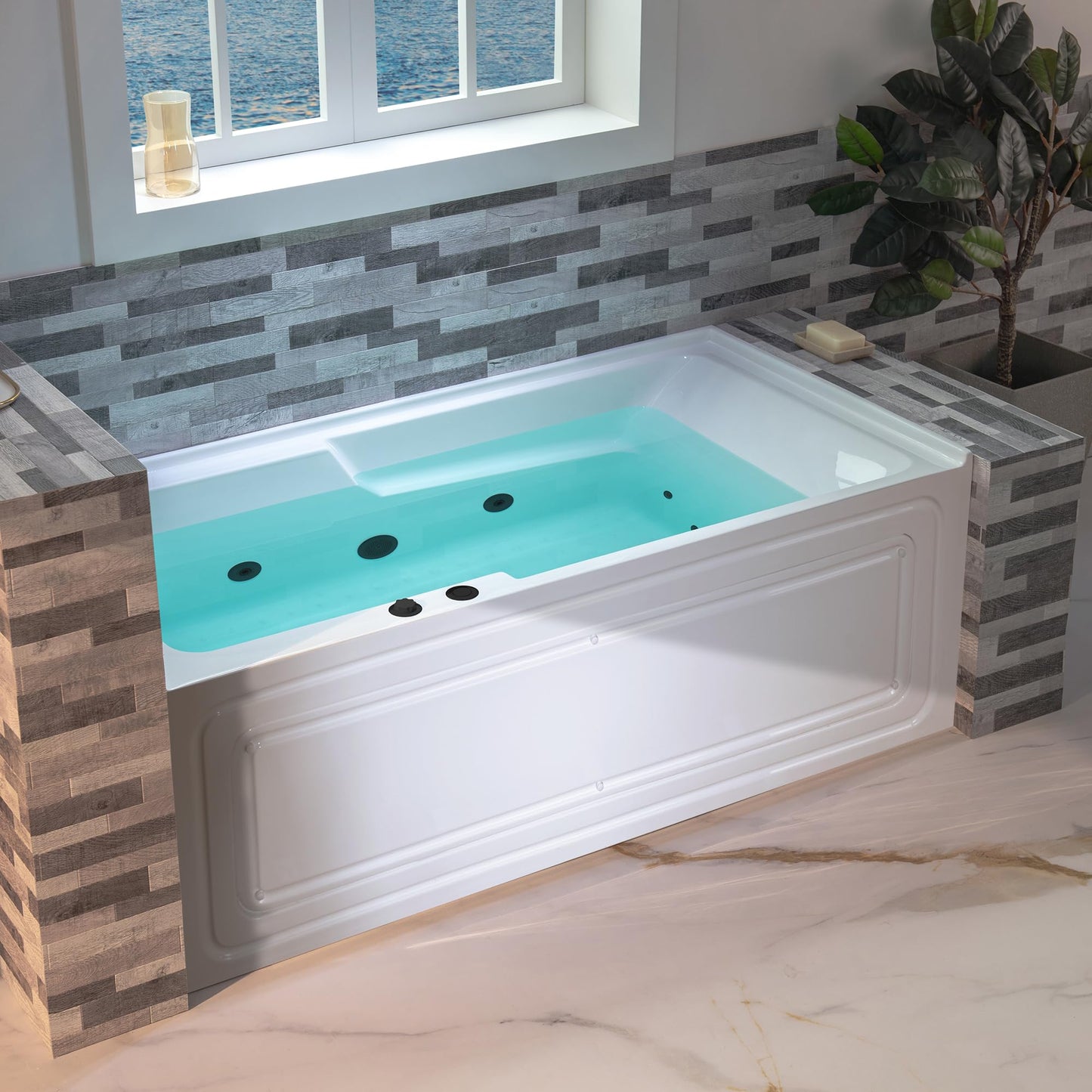 WOODBRIDGE 60" Alcove Acrylic Rectangular Whirlpool Heated Jetted Tub in White with Left Drain, Matte Black pop-up Drain Included BM6030L