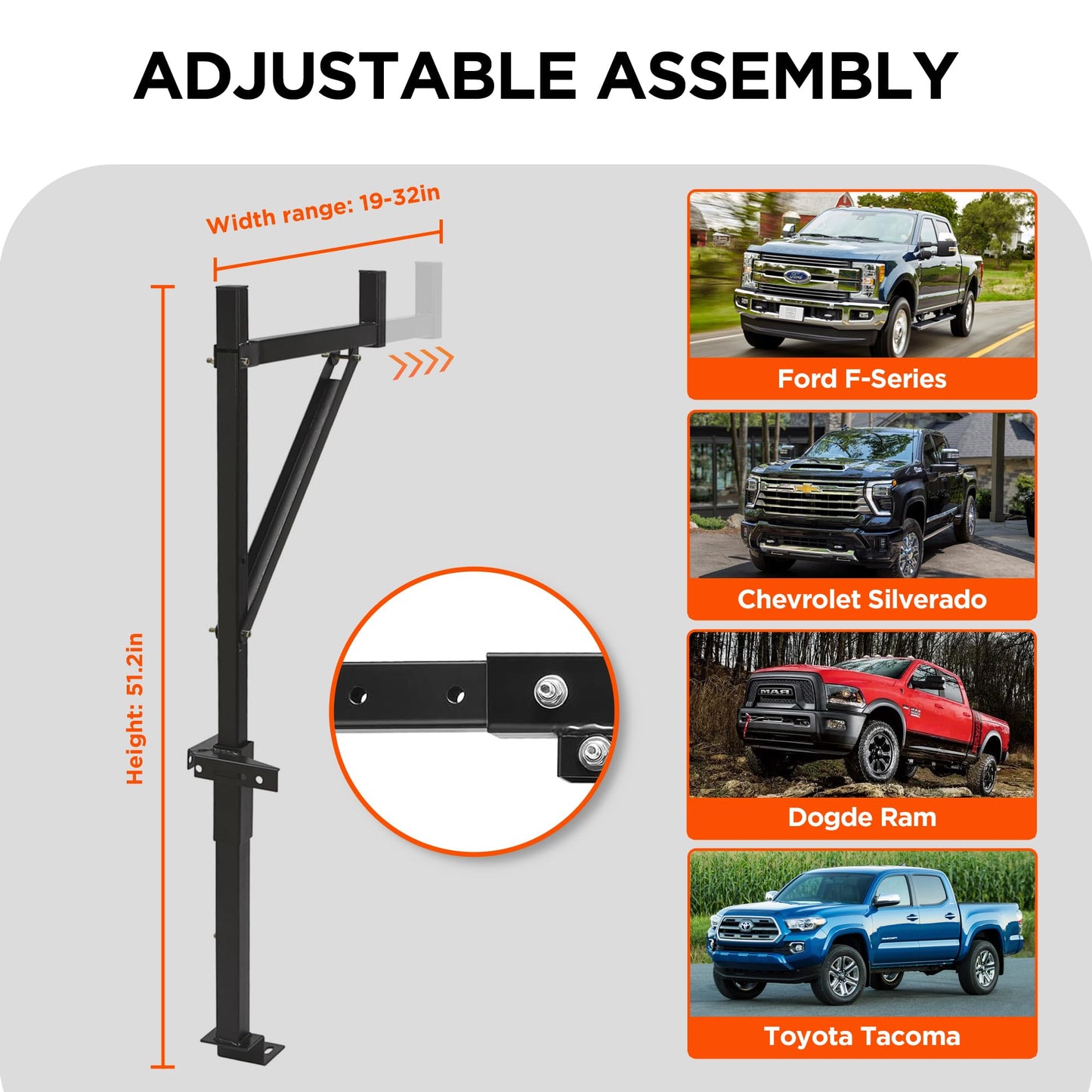 Rockland Extendable Truck Ladder Rack, 39" x 7" x 51.2", 250 LBS Capacity, Steel Truck Rack with Adjustable arm from 19" - 32", Ladder Rack for Truck