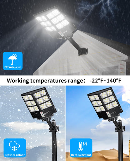 JAYNLT Y-2000W Solar Street Light, 200000LM 6500K Solar Flood Lights Outdoor Dusk to Dawn, 6500K IP67 Waterproof Parking lot Light Outdoor with Motion Sensor and Remote Control for Garage, Road