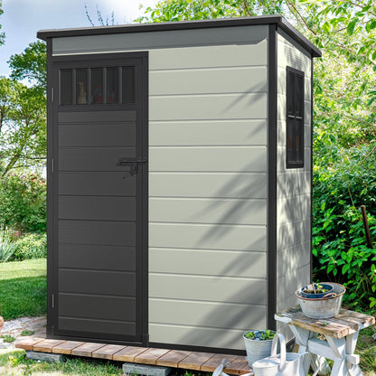 DWVO Outdoor Storage Shed 5x3FT with Fence-Style and Side Windows, Floor & Lockable Doors, Plastic Storage Shed, Storage Shed for Backyard and Garden