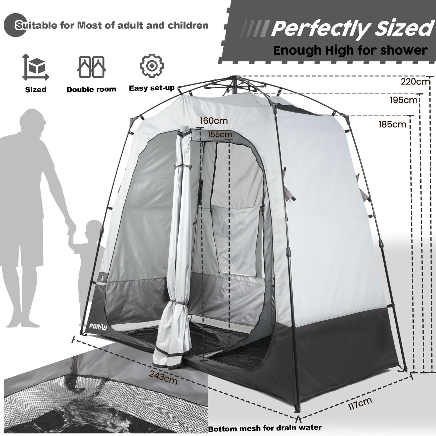 Porayhut Portable Camping Shower Tent Deluxe Changing Room Easy Set Up Privacy Shelter,Large Toilet Tent 2 Rooms with Floor Drain Design for Beach, Camping,Hiking with Stakes and Ropes for Stability