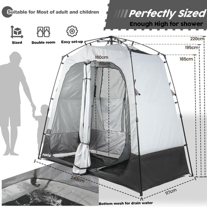 Porayhut Portable Camping Shower Tent Deluxe Changing Room Easy Set Up Privacy Shelter,Large Toilet Tent 2 Rooms with Floor Drain Design for Beach, Camping,Hiking with Stakes and Ropes for Stability