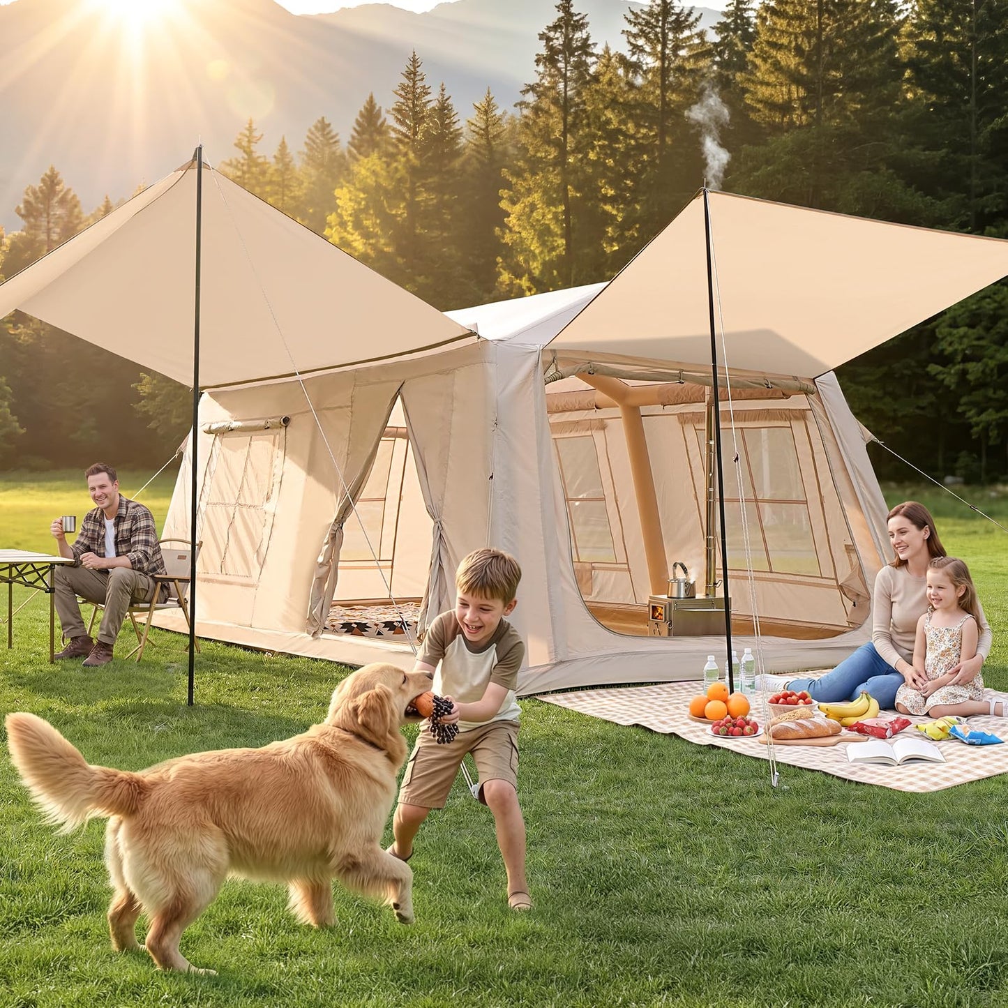 8-10 Person Inflatable Camping Tent with 2 Divider Rooms, Waterproof 300D Oxford Blow Up Hot Tent with Stove Jack, Awning & Skylight, Easy Setup Air Tent with Pump for Family Glamping