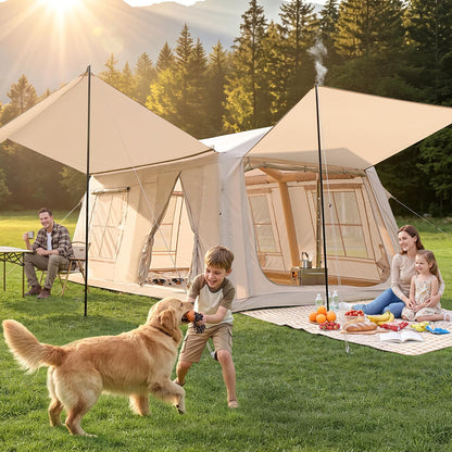 8-10 Person Inflatable Camping Tent with 2 Divider Rooms, Waterproof 300D Oxford Blow Up Hot Tent with Stove Jack, Awning & Skylight, Easy Setup Air Tent with Pump for Family Glamping