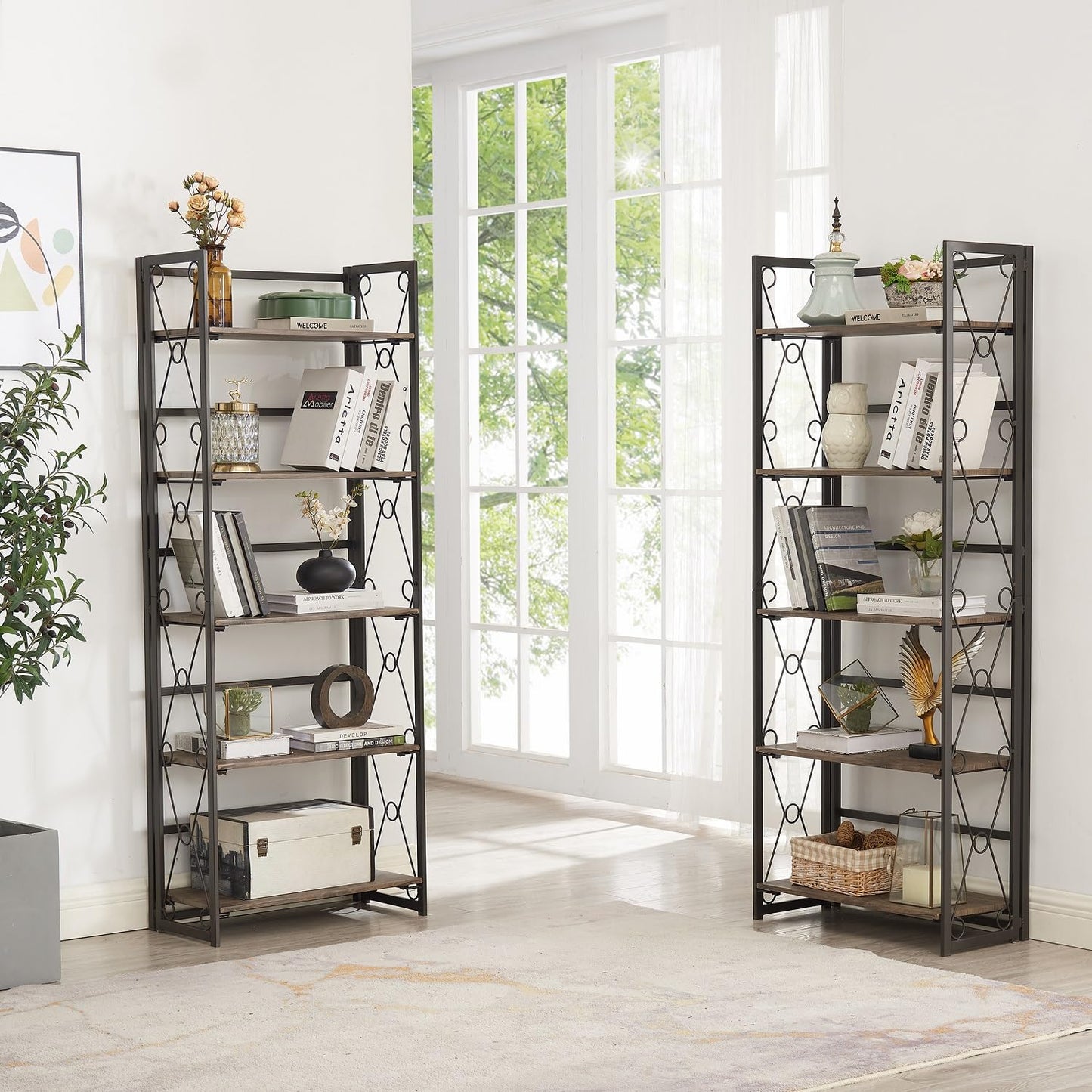 VECELO Folding Bookshelf, 5 Shelf Folding Bookcase No Assembly, Industrial Metal Freestanding Shelves Rack Organizer for Living Room, Office, Bedroom, Kitchen