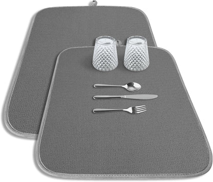 Kitsure Dish Drying Mat - Ultra Absorbent 3-Layer Microfiber Kitchen Mat, 20" x 14", Dark Grey - 2-Pack