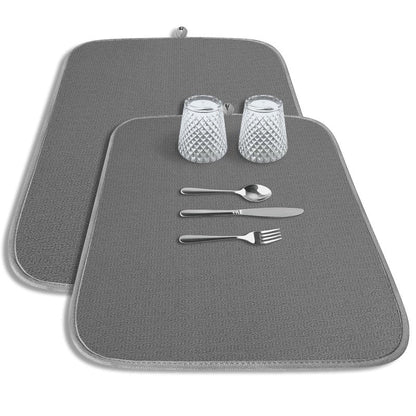Kitsure Dish Drying Mat - 2-Pack Washable Microfiber Drying Mat for Kitchen Counter, 3-Layer Ultra Absorbent Pad with a Hanging Hook, 20" x 14", Dark Grey
