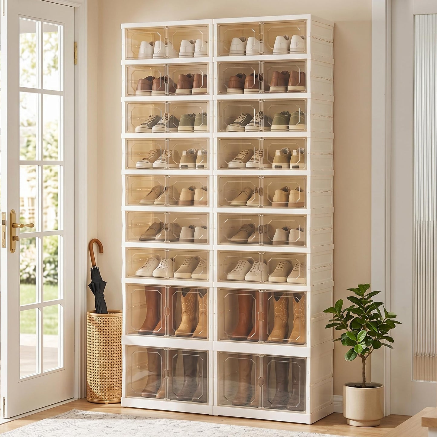 Tykacna Foldable Shoe Rack Organizer with Magnetic Clear Doors, 9 Tier Collapsible Shoe Storage Cabinet, Large Plastic Portable Shoe Box with Wheels for Closet, Entryway, Bedroom, Fits 18 Pairs