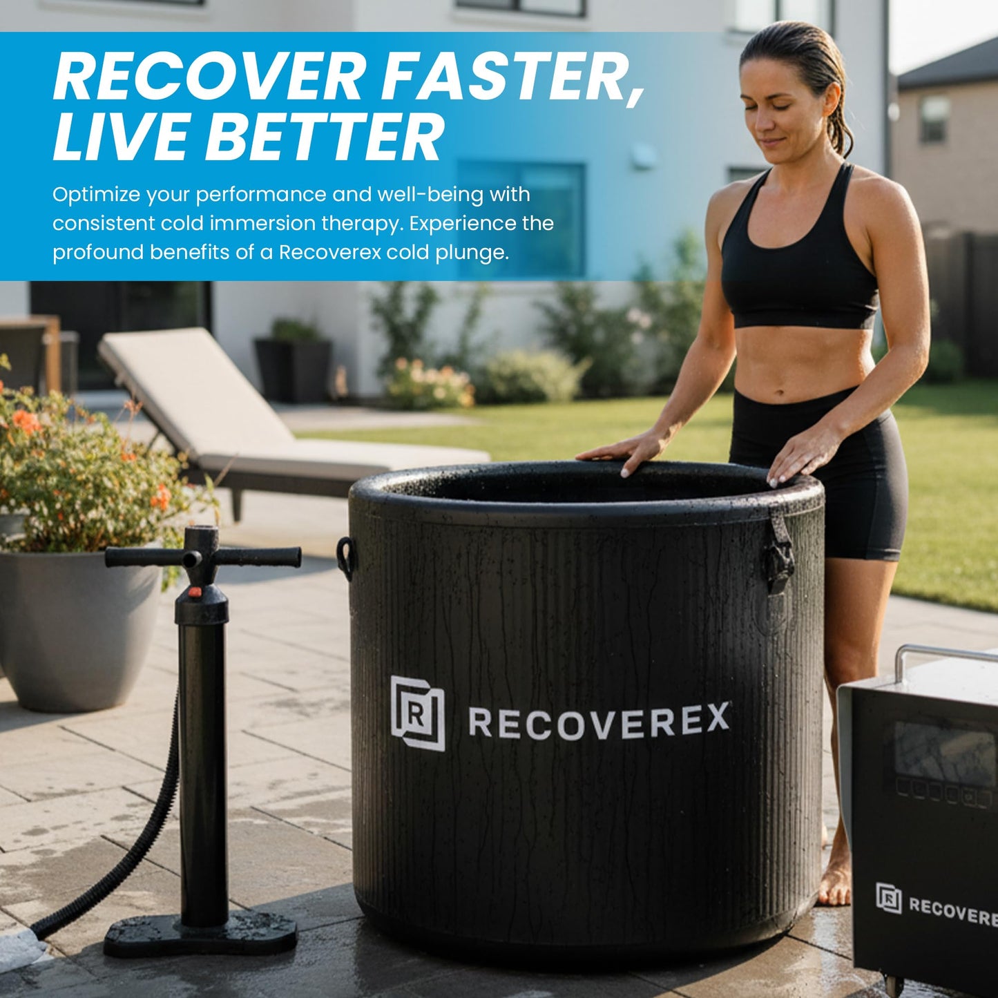Recoverex Cold Plunge Tub, 88 Gallon, 0.8 Horsepower – Heavy-Duty Ice Bath Tub for Athletes, Portable Cold Plunge Chiller with Water Treatment Kit, Immersion Therapy, WiFi Control, Backpack & Wheels