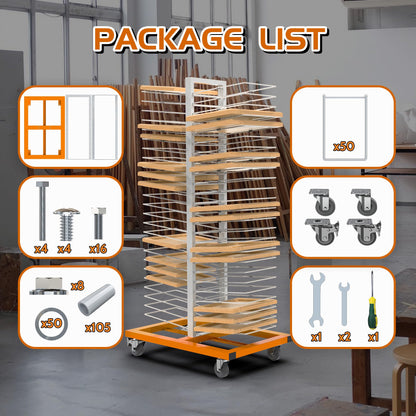 BERPET 50-Shelf Cabinet Door Paint Drying Rack - Heavy Duty Steel Mobile Stand, 1500 LBS Total Capacity (30 LBS/Tier) - Woodworking & Art Studio