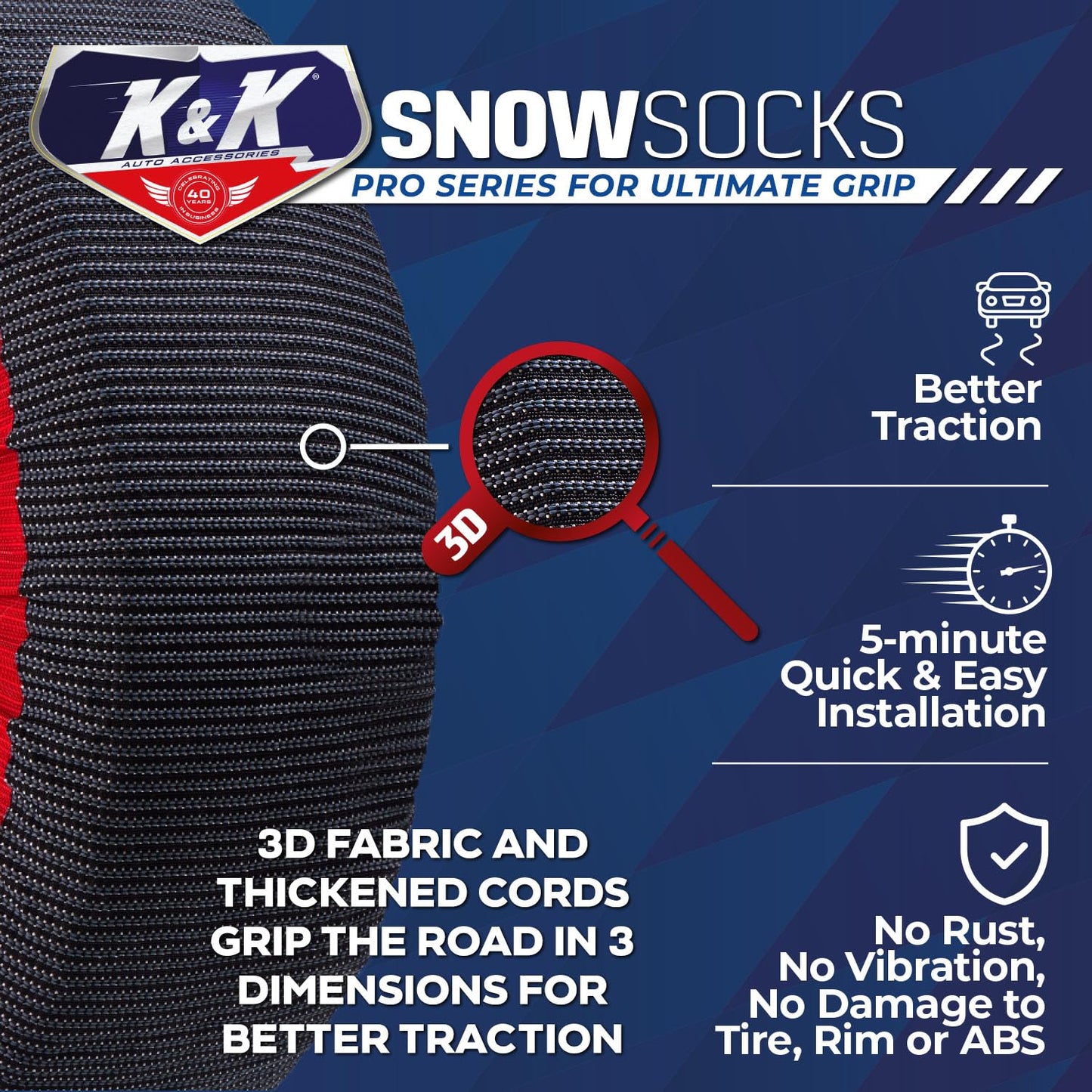 K&K Auto Snow Socks for Tires – Pro Series for Ultimate Grip Approved Snow Chain Alternative Traction Device – Tire Sock for Pickup Truck SUV Van – Winter Travel Accessory Emergency Kit – 3XL (2pcs)