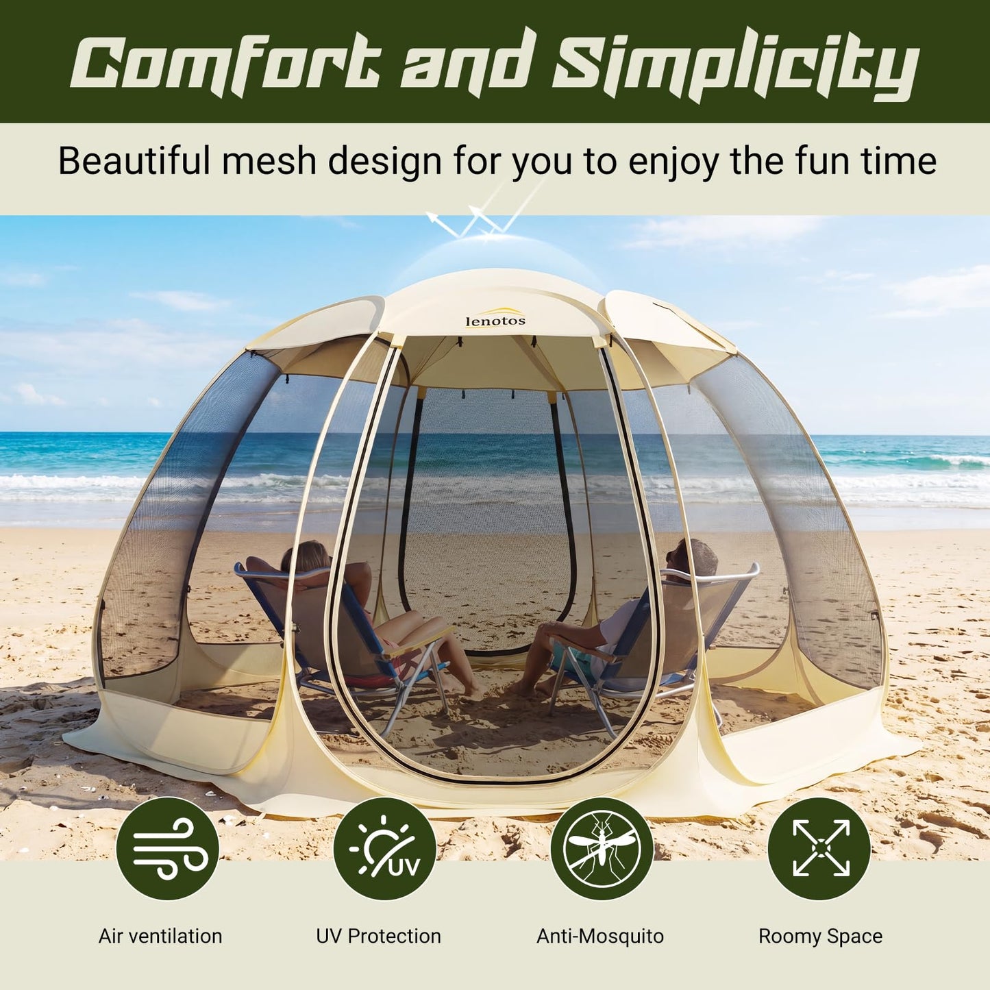 Lenotos Pop Up Screen House, 12.5'x12.5' Outdoor Screen Tent for Camping, Screened Gazebo with Mosquito Netting, Carry Bag