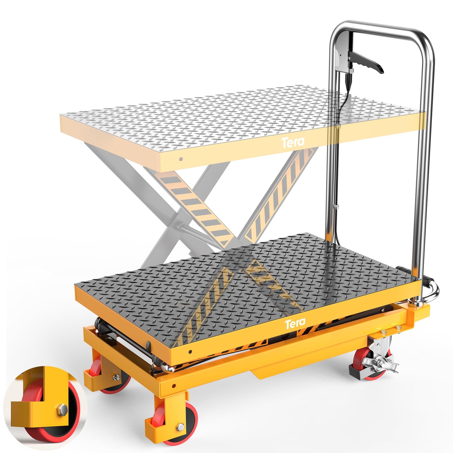 Tera Foldable Hydraulic Lift Table Cart: 330lbs Capacity 28.5" Lifting Height Single Scissor Lift with Non-Slip Pad Anti-Collision Wheels Thickened Scissors for Material Handling and Transportation
