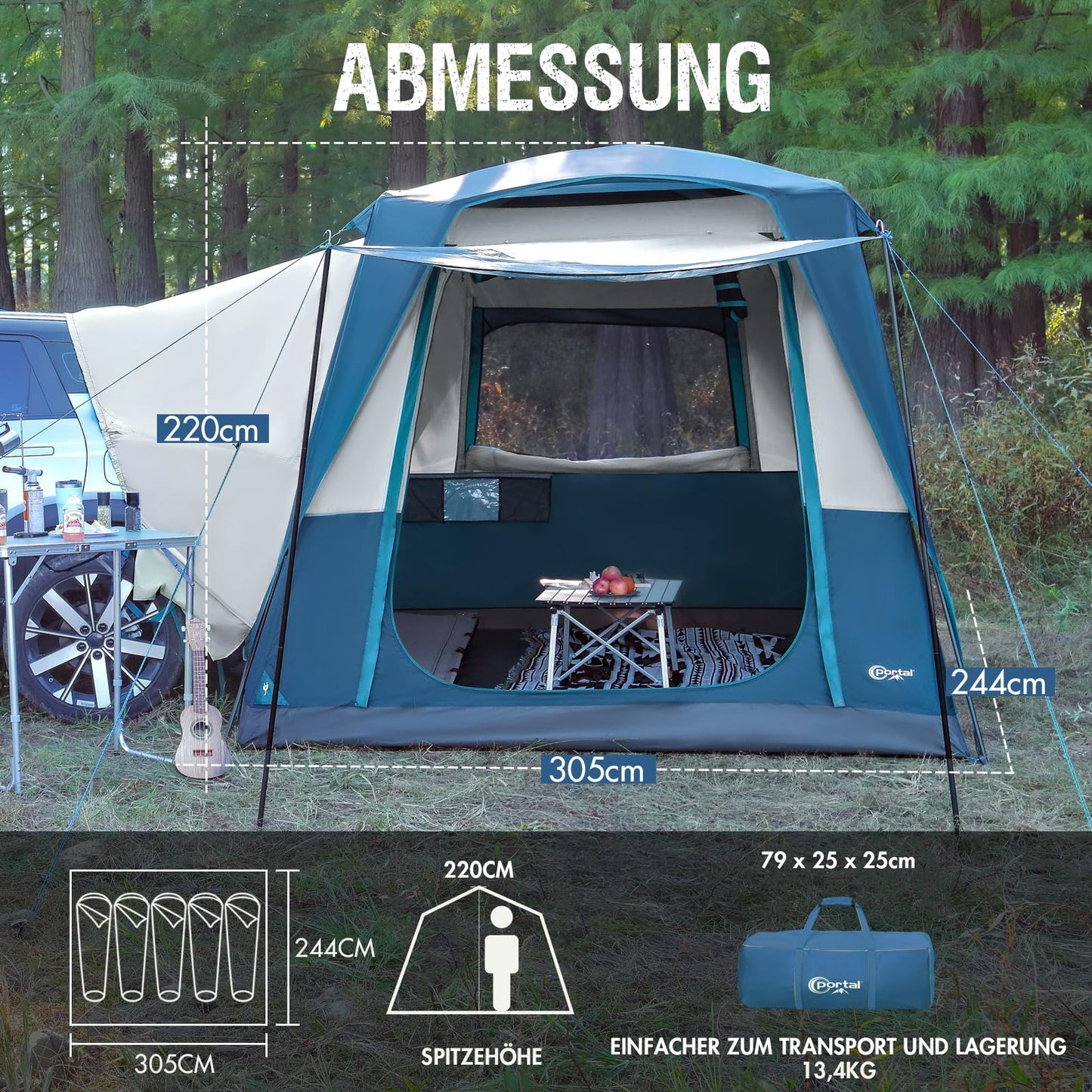 Portal 5-Person SUV Tent with Porch, Blue, Water-Resistant & Windproof, Spacious Car Camping Tent, Fits SUVs, MPVs, Vans & Pickups