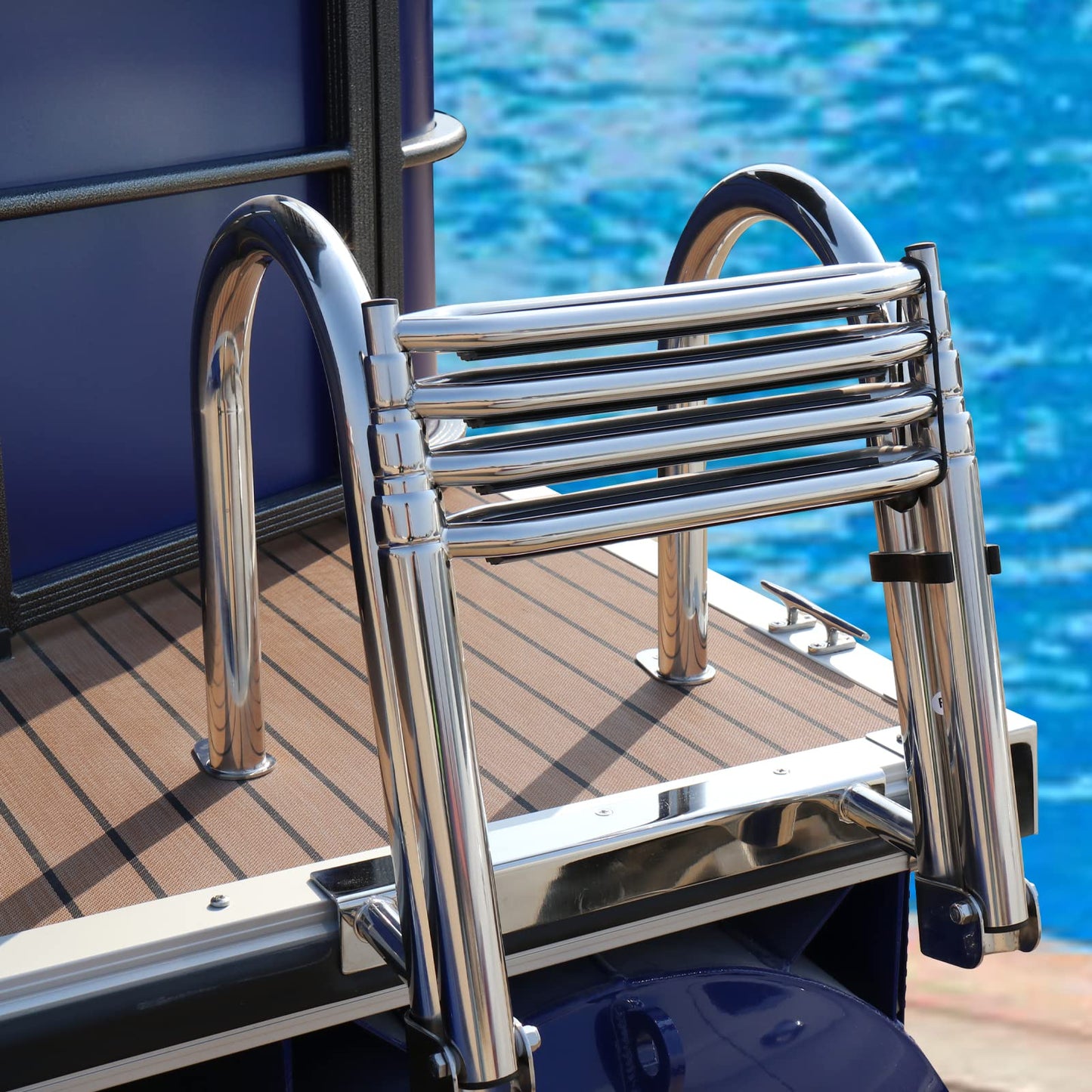 Manumarine 4 Step Heavy Duty 316 Stainless Steel Boat Ladder | Telescoping Folding Rear Entry Dock Swim Deck Ladder with Handrails & Extra Wide Steps, 600lbs Capacity Marine Grade