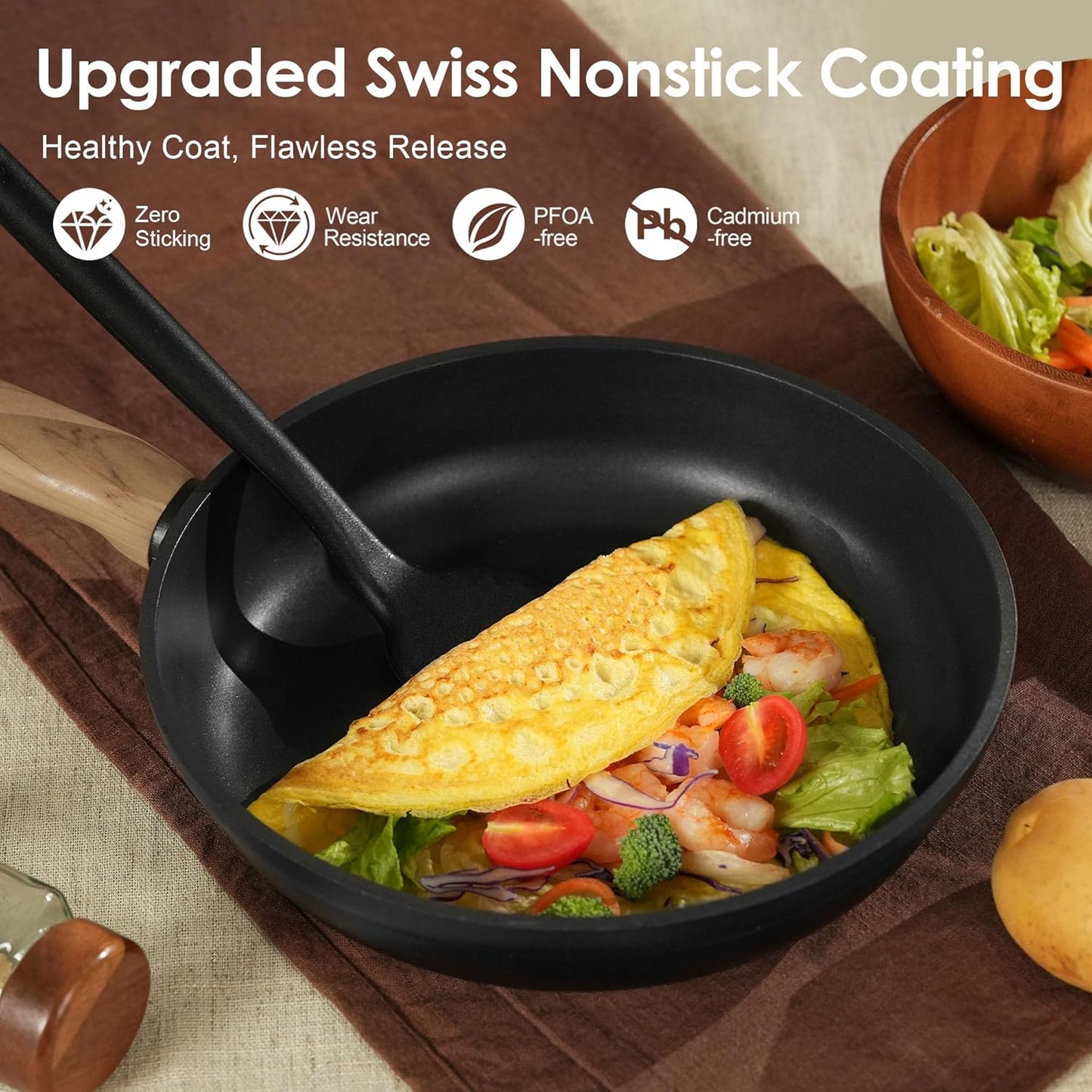 SENSARTE Nonstick Cookware Set - 17-Piece Induction Kitchen Set with Stay-Cool Handles | Matte Black, Dishwasher Safe