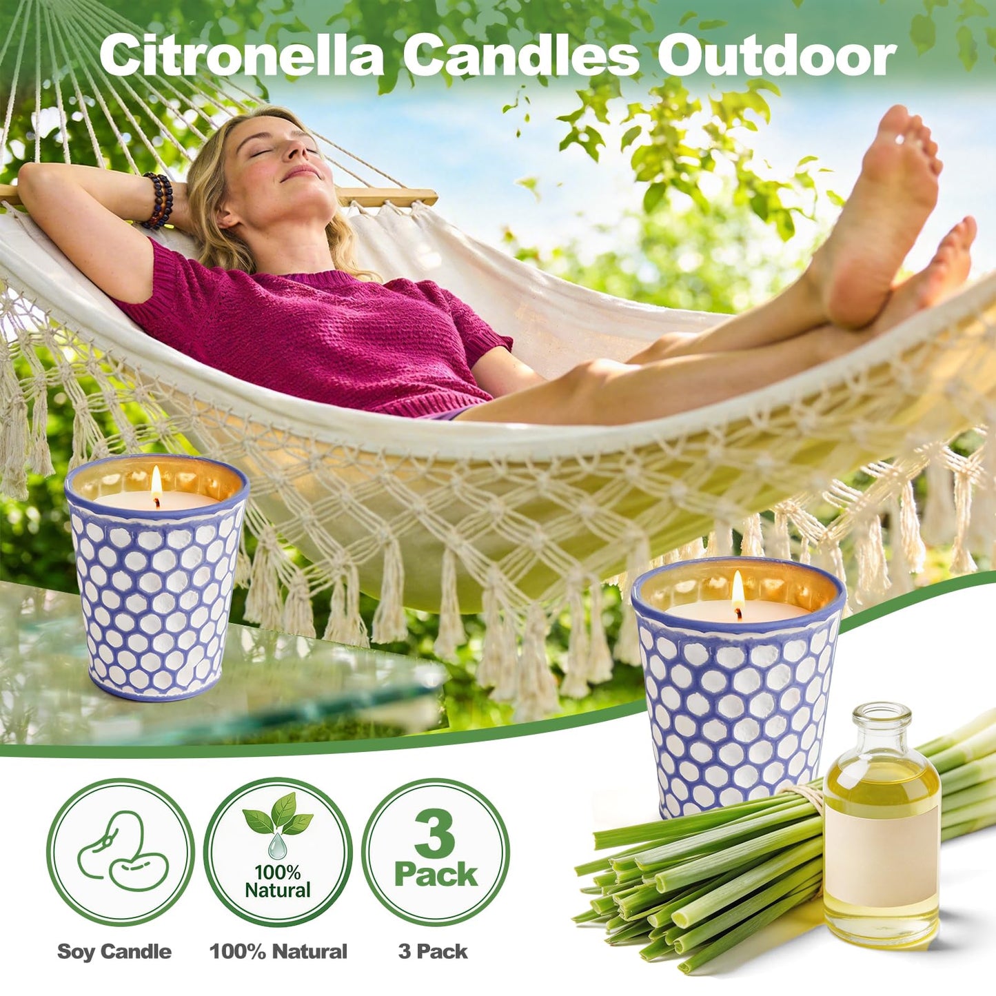 Citronella Candles Outdoor,3 Pack 18OZ Lemongrass Scented Candle for Patio Decor,Natural Soy Wax Citronella Candle for Home Garden,Balcony,Family Gathering,Backyard & Camping
