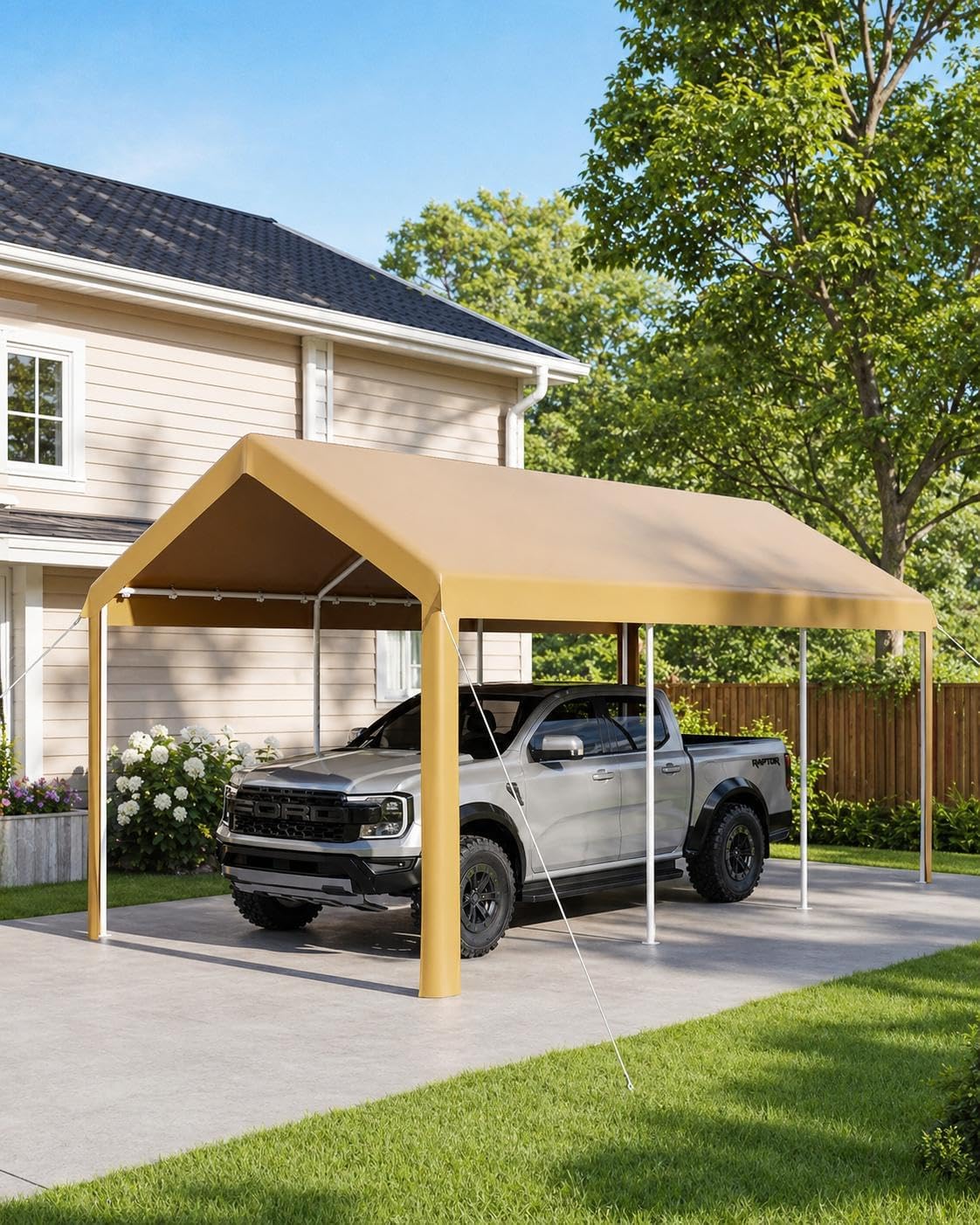 10X20Ft Heavy Duty Carport, Portable Heavy Duty Garage Shelter with Powder Coated Steel Frame, Waterproof UV-Resistant Triple-Layer Tarp, Garage Tent for Cars, Trucks and Boats, Yellow