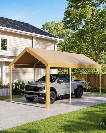 10X20Ft Heavy Duty Carport, Portable Heavy Duty Garage Shelter with Powder Coated Steel Frame, Waterproof UV-Resistant Triple-Layer Tarp, Garage Tent for Cars, Trucks and Boats, Yellow