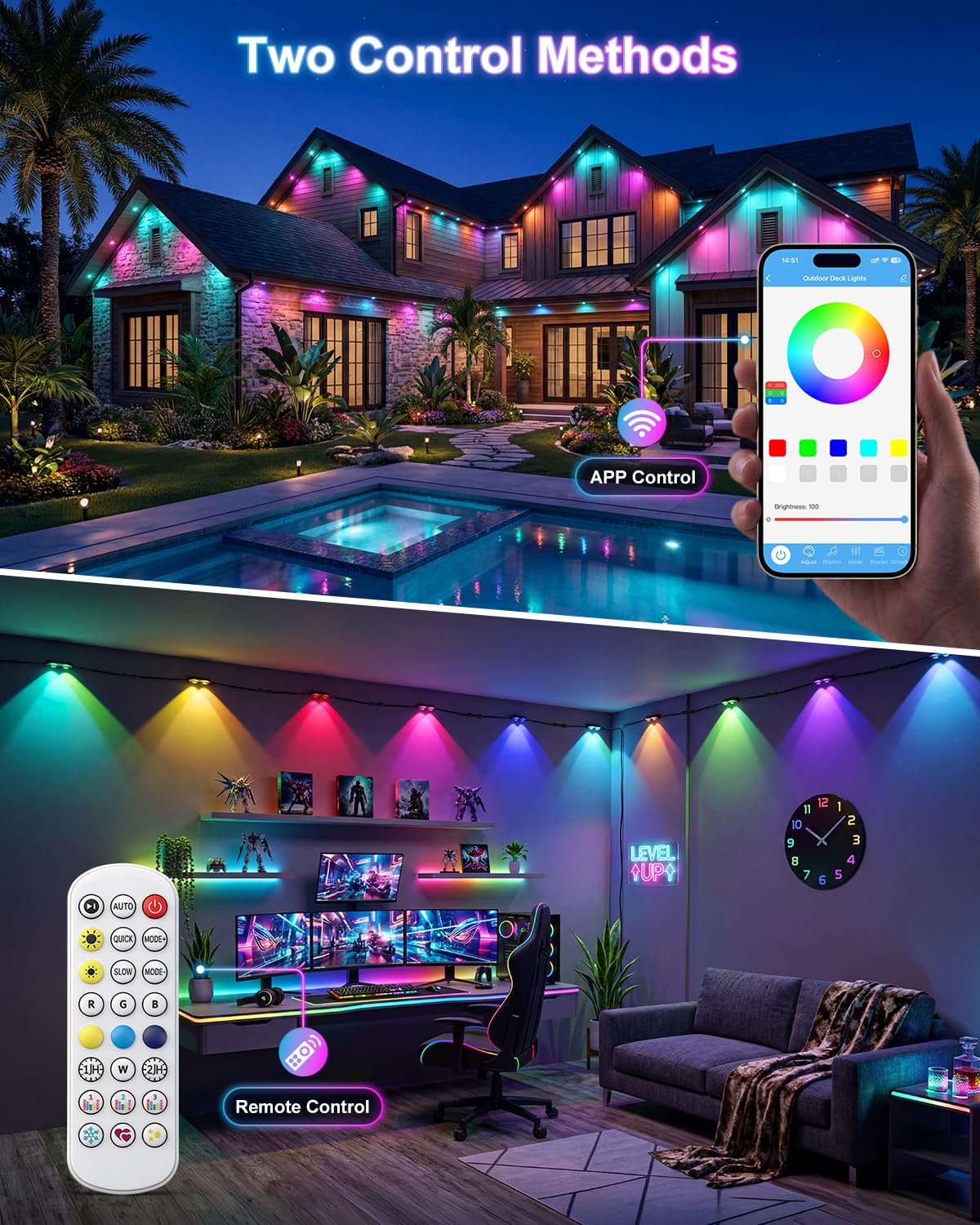 Kimjo Outdoor Deck Lights, RGBCW Smart Fence Lights with 2700K-6500K Dimmable White, IP67 Outdoor Lights for Patio, App&Remote Controlled LED String Lights for Garden Yard Path, 24 Packs 147.6ft